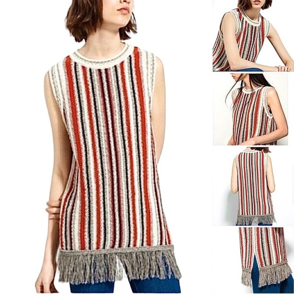 Massimo Dutti Sweater Vest Striped Fringed Tunic - Picture 2 of 8